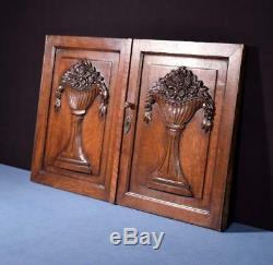 Pair of Antique French Highly Carved Panels in Oak Wood Salvage with Flowers