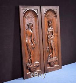 Pair of Antique French Highly Carved Panels in Walnut Wood Salvage with Women