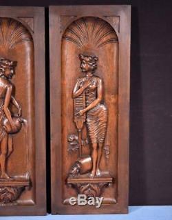 Pair of Antique French Highly Carved Panels in Walnut Wood Salvage with Women