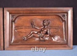 Pair of Antique French Highly Carved Panels in Walnut Wood Salvage withFigures