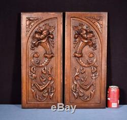 Pair of Antique French Highly Carved Panels in Walnut Wood Salvage withFlowers