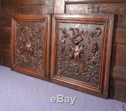 Pair of Antique French Highly Carved Walnut Wood Panels