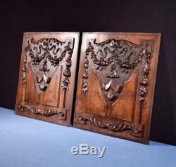 Pair of Antique French Highly Carved Walnut Wood Panels Salvage