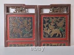 Pair of Chinese Antique Wooden Carving Panel home Decor Wall art #12262
