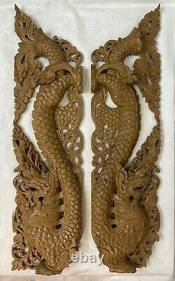 Pair of Chinese Oriental Carved Wooden Dragons Door Wall Panels 22 3/4 58 cm