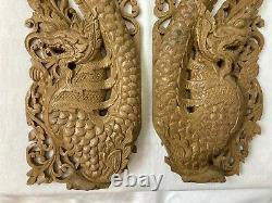 Pair of Chinese Oriental Carved Wooden Dragons Door Wall Panels 22 3/4 58 cm