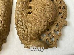 Pair of Chinese Oriental Carved Wooden Dragons Door Wall Panels 22 3/4 58 cm