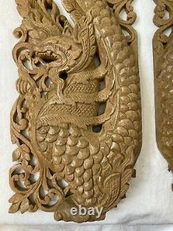 Pair of Chinese Oriental Carved Wooden Dragons Door Wall Panels 22 3/4 58 cm