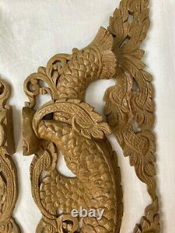 Pair of Chinese Oriental Carved Wooden Dragons Door Wall Panels 22 3/4 58 cm