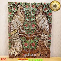 Pair of Couple Peacocks Wood Carving Panel Handcrafted Wall Hanging 14 x 35 De