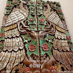 Pair of Couple Peacocks Wood Carving Panel Handcrafted Wall Hanging 14 x 35 De