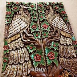 Pair of Couple Peacocks Wood Carving Panel Handcrafted Wall Hanging 14 x 35 De