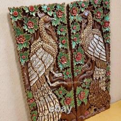 Pair of Couple Peacocks Wood Carving Panel Handcrafted Wall Hanging 14 x 35 De