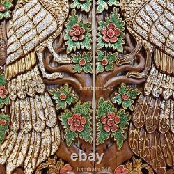 Pair of Couple Peacocks Wood Carving Panel Handcrafted Wall Hanging 14 x 35 De