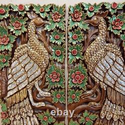 Pair of Couple Peacocks Wood Carving Panel Handcrafted Wall Hanging 14 x 35 De