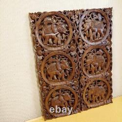 Pair of Elephant Wood Carving Wall Decor Wood Wall Panel Wooden Handcrafted Thai