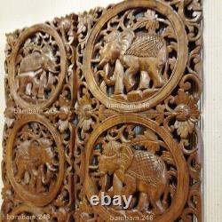 Pair of Elephant Wood Carving Wall Decor Wood Wall Panel Wooden Handcrafted Thai