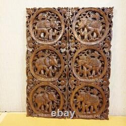 Pair of Elephant Wood Carving Wall Decor Wood Wall Panel Wooden Handcrafted Thai