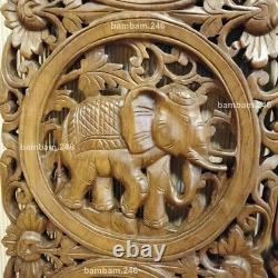 Pair of Elephant Wood Carving Wall Decor Wood Wall Panel Wooden Handcrafted Thai