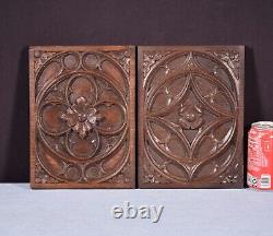 Pair of French Antique Gothic Revival Panels Solid Oak Wood Salvage Late 1800's