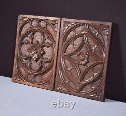 Pair of French Antique Gothic Revival Panels Solid Oak Wood Salvage Late 1800's