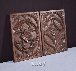 Pair of French Antique Gothic Revival Panels Solid Oak Wood Salvage Late 1800's