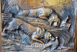 Pair of French Black Forest Hand Carved Walnut Wood Panels of Hunting Dogs