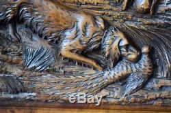 Pair of French Black Forest Hand Carved Walnut Wood Panels of Hunting Dogs