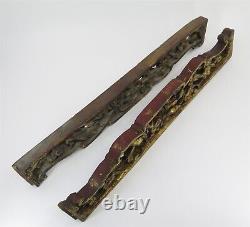 Pair of Gilt Carved Chinese Wood Panels Birds and Flowers 15.5 x 2.25 Tall