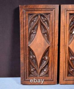 Pair of Gothic Carved Architectural Panels in Solid Walnut Wood Salvage