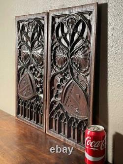 Pair of Nicely Carved Antique Gothic Revival Solid Oak Wood Panels