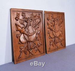 Pair of Vintage French Carved Solid Oak Panels Arts Themed with Instruments 1