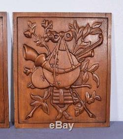 Pair of Vintage French Carved Solid Oak Panels Arts Themed with Instruments 1