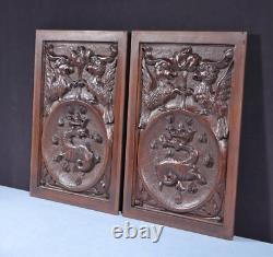 Pair of Vintage French Solid Beech Wood Highly Carved Panels withGriffins/Dragons