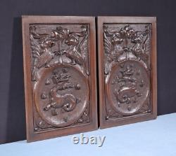 Pair of Vintage French Solid Beech Wood Highly Carved Panels withGriffins/Dragons