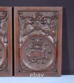 Pair of Vintage French Solid Beech Wood Highly Carved Panels withGriffins/Dragons