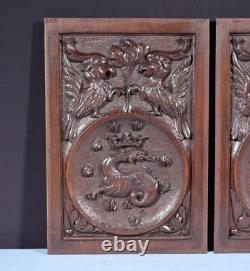 Pair of Vintage French Solid Beech Wood Highly Carved Panels withGriffins/Dragons