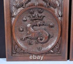 Pair of Vintage French Solid Beech Wood Highly Carved Panels withGriffins/Dragons