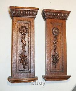 Pair of antique hand carved wood oak architectural salvage wall sculpture panels
