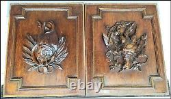 Pair of antique solid French carved wood wall panels hunting