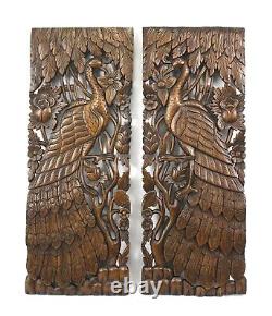 Pair of carved teak wall panels, Peacock design, each 90cm x 35cm, PK02 Thailand