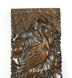 Pair of carved teak wall panels, Peacock design, each 90cm x 35cm, PK02 Thailand