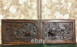 Pair rose flower rosette wood carving panel Antique french architectural salvage