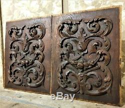 Pair scroll leaf fruit wood carving panel Antique french architectural salvage