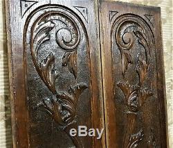 Pair scroll leaf wood carving panel Antique french oak architectural salvage