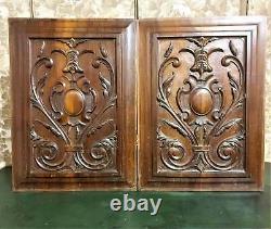 Pair scroll leaves walnut carving panel antique french architectural salvage