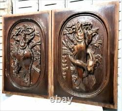 Pair solid fishing trophy carving panel Antique french architectural salvage 22