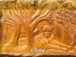 Panel Carved Wood Painting Wall Safari Signed Year 2001