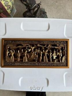 Panel High Relief Wood Carved Golden Characters Palace Temple China Xixè 16L