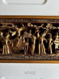 Panel High Relief Wood Carved Golden Characters Palace Temple China Xixè 16L